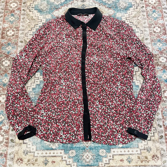 Lafayette 148 100% Silk Dot Print Blouse In Black Red White Gray Sz 2 - Picture 3 of 14